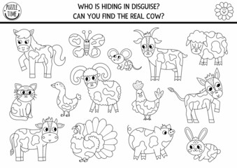 On the farm hide and seek game. Black and white farm matching activity for kids. Seek and find coloring page. Simple printable line game with animals. Who is hiding in disguise. Find the real cow