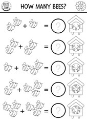 How many bees game with cute insects. On the farm black and white math addition activity. Simple line farm printable counting worksheet or coloring page for kids with beehive.