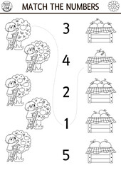 Match the numbers black and white farm game with farmer, apples. Rural country or garden math activity or coloring page. On the farm educational counting worksheet with fruit tree.
