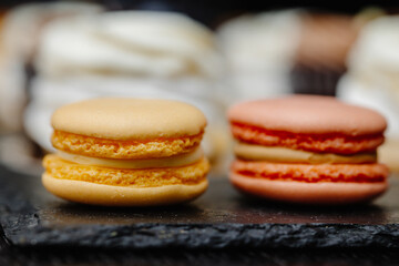 Close-up of macarons cakes . Culinary and cooking concept.
