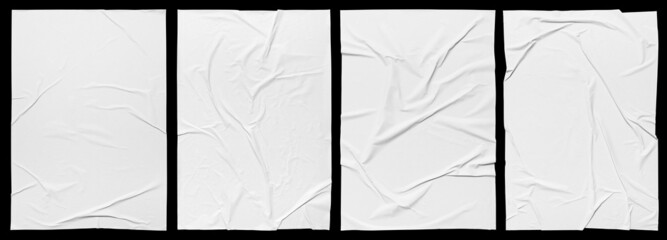 Blank white crumpled paper poster texture background. White paper wrinkled poster template, white...