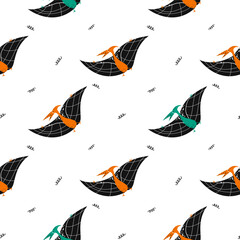 Seamless pattern with hand drawn dinosaur. Pterodactyl. Scandinavian style, flat style, doodle. children's design. Vector. © Jeanne Yu