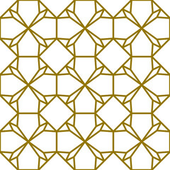 Naklejka premium Regular octagons and decorative shapes in a vintage style repeat grid pattern in gold color outline on a white background, geometrical vector illustration