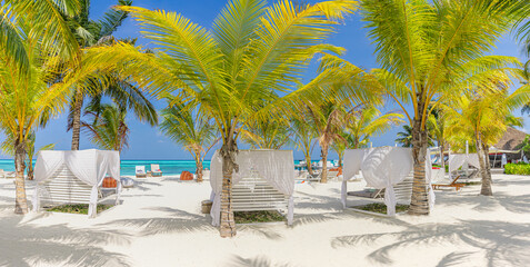 Tropical resort panorama with beach bar. Summer beach holiday vacation destination, luxurious...