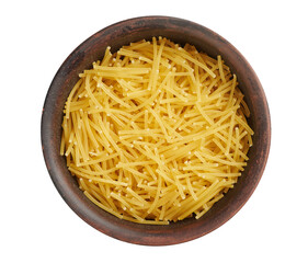 Bowl of uncooked vermicelli pasta isolated on white