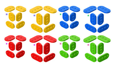 3d set of colored constructor kit in isometry. Bunch of rounded bricks. Vector illustration.