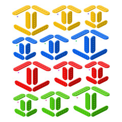 Set of colored constructor kit in isometry. 3d element. Vector illustration.