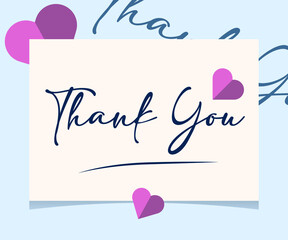 'Thank You' card with heart ornaments and blue background in modern style. Perfect for wedding, greeting or invitation design