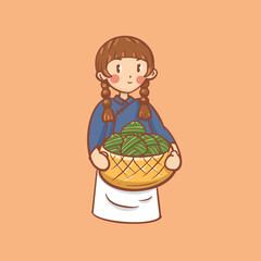 cartoon girl making dumplings illustration design