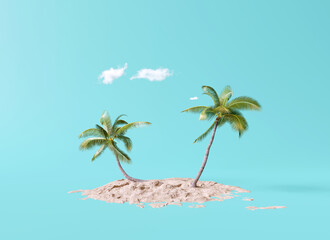 Fototapeta na wymiar Coconut trees with beach sand on blue background. summer concept. 3d rendering