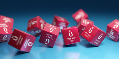 Uranium (U) radioactive chemical element, used in nuclear power, medicine, military and research. Promotional education periodic element 3D render. © Petr Ciz