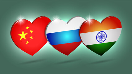 Obraz premium 3d bright hearts with flags of China, Russia and India. Political vector glowing poster