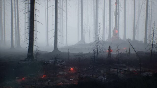 A forest in smoke after a large fire, smouldering earth and grass. Smoke and the spread of fire. The concept of climate change. Animation ideal for natural, environmental and apocalyptic backgrounds.