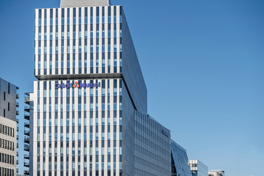 Strasbourg, France - Mar 8, 2022: Credit Mutuel signage logotype on the tall skyscraper in the business district of Wacken in Strasbourg