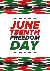 Juneteenth Independence Day. Freedom or Emancipation day. Annual american holiday, celebrated in June 19. African-American history and heritage. Poster, greeting card, banner and background. Vector