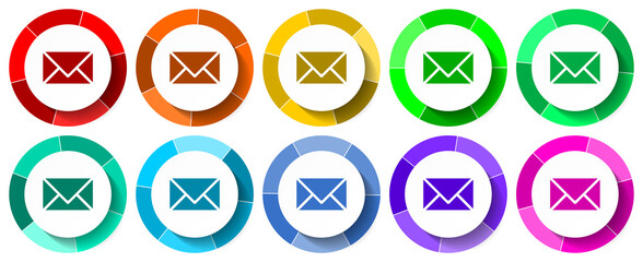 Email, envelope icon set, mail flat design vector illustration in 10 colors options for mobile applications and webdesign