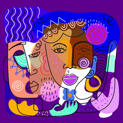 Colorful people face, abstract,cubism,line art, decorative vector illustration.