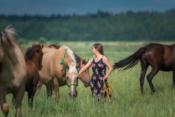 Girl in a dress on the field among the horses.