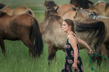 Fototapeta na wymiar Girl in a dress on the field among the horses.