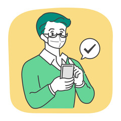 スマホでチェックするマスクを着けたメガネの男性