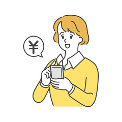 スマホで投資する女性　シンプルでおしゃれなイラスト