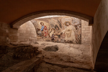 The mosaic on a religious theme in the lower hall of the St. Josephs Church in Nazareth, northern Israel - obrazy, fototapety, plakaty