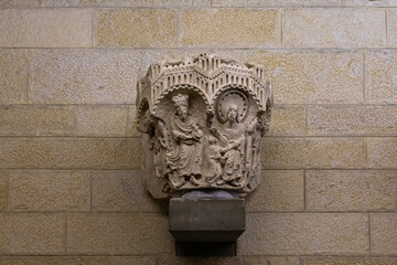 Decorative stone carving on a well-preserved top of a Byzantine period column on display in the museum of the Church Of Annunciation in Nazareth, northern Israel