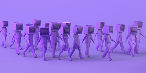 Group of people walking with an old television instead of head. Control and manipulation of mass media. Television audience. 3D illustration. Copy space.