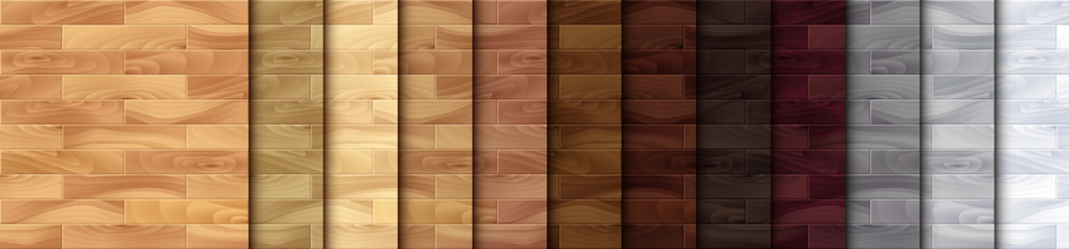 Realistic Wood textured seamless patterns set. Wooden plank, board, natural brown floor or wall repeat texture. Vector material pattern for design, flat interior, print, paper, photo background, decor