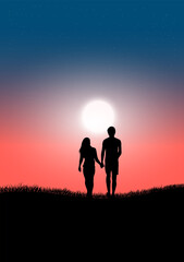 silhouette image A couple man and women standing on grass with look at the Moon in the sky at night time design vector illustration