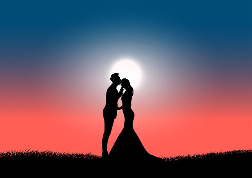 silhouette image A couple man and women with Moon in the sky at night time design vector illustration