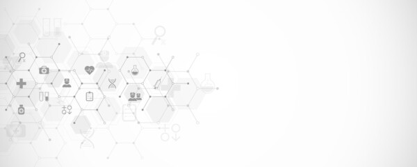 Medical background and healthcare technology with flat icons and symbols. Design template of concept and idea for health care business, innovation medicine, health safety, science