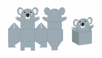 Cute party favor box koala design for sweets, candies, small presents. DIY package template for any purposes, birthdays, baby showers, Christmas. Print, cut out, fold, glue. Vector stock illustration. © Jexy