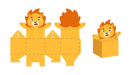 Cute party favor box lion design for sweets, candies, small presents. Package template for any purposes, birthdays, baby shower, Christmas. Print, cut out, fold, glue. Vector stock illustration