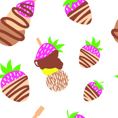 Cute pastel coloured seamless pattern with sweets. Vector tasty candy pattern. Strawberry in chocolate, strawberry canapés.