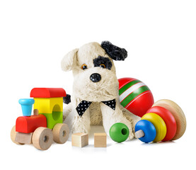 Many colorful children's toys collection on a white background
