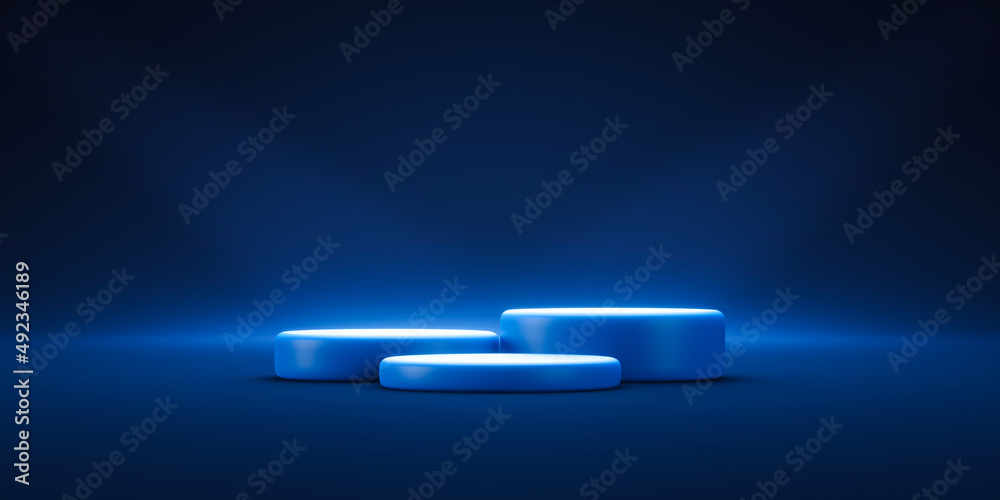 Poster Dark blue stage podium 3d background product platform of empty scene presentation pedestal minimal showcase stand or abstract light show blank display and neon spotlight showroom on luxury backdrop.