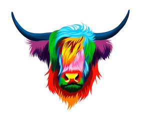 Abstract highland cow head portrait, scottish highland cow from multicolored paints. Colored drawing. Vector illustration of paints - obrazy, fototapety, plakaty