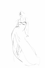 Young woman model in evening dress. Fashion illustration, sketch. Vector