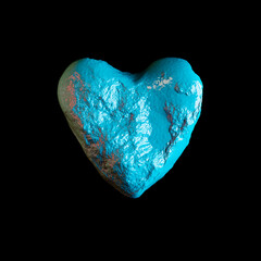 blue volumetric stone heart isolated on black background, sign or symbol, 3d rendering