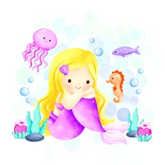 Watercolor Illustration cute Mermaid and sea animals 