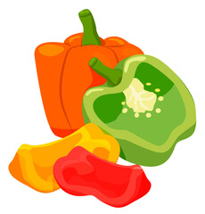 Vector realistic sweet peppers. A whole orange, half a green and slices of red and orange bell peppers on a white background.