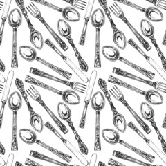 cutlery fork, spoon, knife, seamless pattern cutlery, graphic hand drawing, fork, spoon, knife, seamless pattern, vintage, retro style