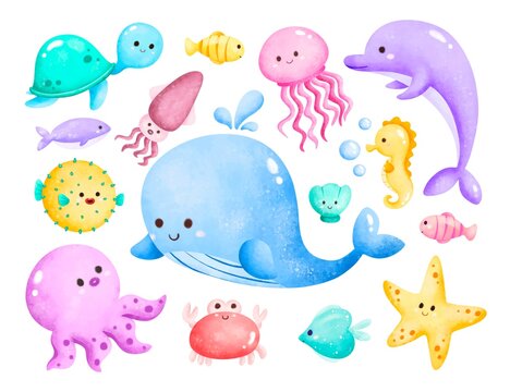 Watercolor Illustration Set of Sea Animals 