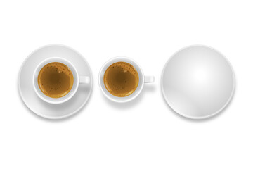 Coffee cup isolated on white. Top view  white coffee cup and plate. Coffee espresso beverage, breakfast and caffeine, cappuccino and saucer. 3d rendering.