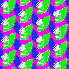 Vector seamless half-drop pattern, with leaves and flowers