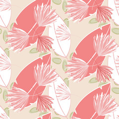 Vector seamless half-drop pattern, with leaves and flowers