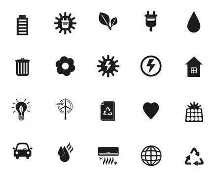 Set of green energy icons in black and white. Solar power concept. Simple flat vector illustration.