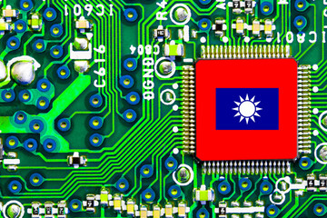 Taiwanese National Flag overlaid on PC micro chip on integrated circuit