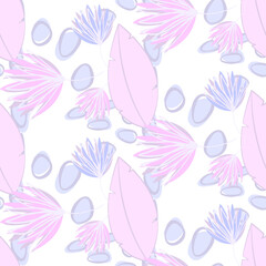 Vector seamless half-drop pattern, with leaves and flowers